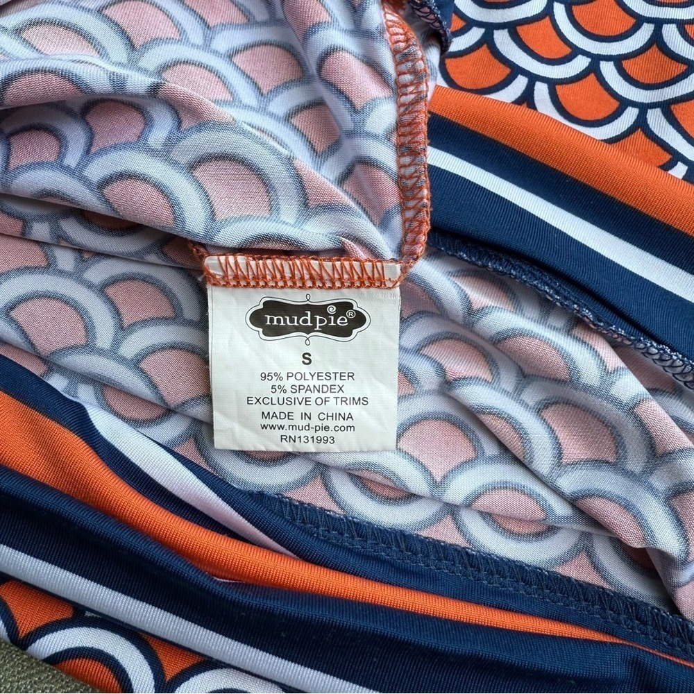 Mud Pie Women's Orange Blue White Sleeveless Tie Back Stretchy Mini Dress S - Picture 7 of 7